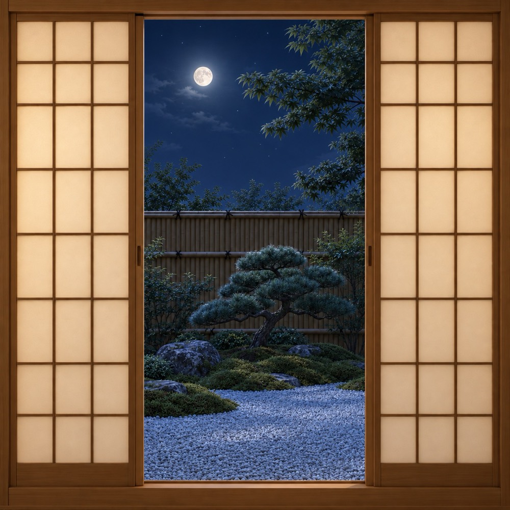 月の出た夜の庭と、明かりのともった障子